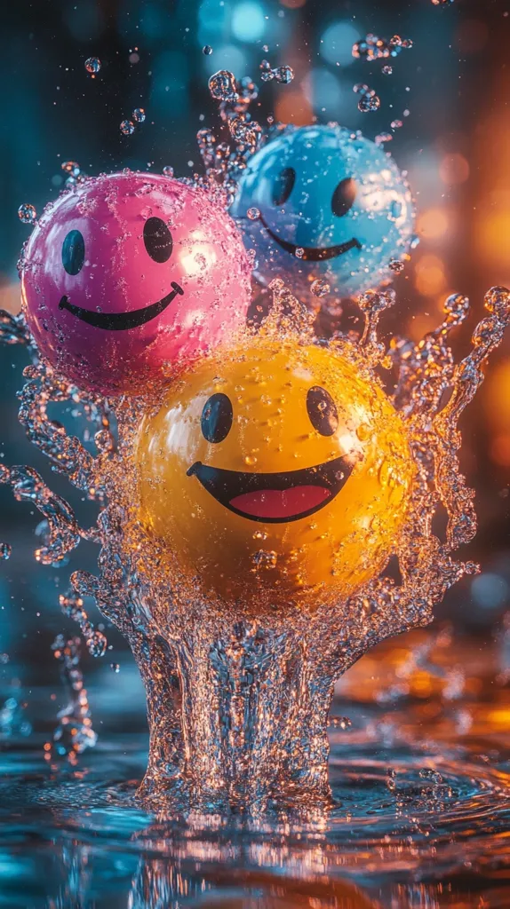 Three smiley-faced balls, pink, blue, and yellow, are submerged in a pool of water. The water splashes up around them, creating a dynamic and playful image. The colors of the balls are vibrant, and their happy expressions add a touch of whimsy. The backdrop is a soft, out-of-focus blur of blue and gold, providing a serene contrast to the energetic splash. The overall image is full of energy and happiness, reflecting the joy of a simple, playful moment.