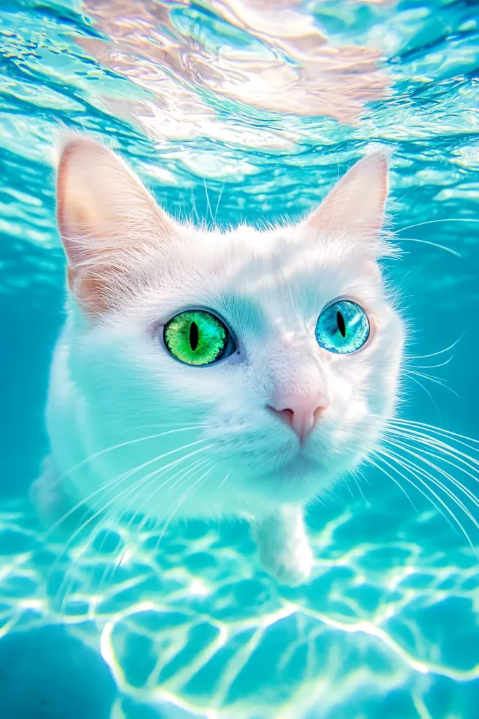 A white cat with heterochromia, one green eye and one blue eye, is swimming underwater.  The water is a vibrant turquoise color, and the cat's fur is white and fluffy.  The cat is looking directly at the camera with a curious expression. The image is taken from below the water's surface, giving a unique perspective.  The cat's whiskers are visible, adding to its whimsical charm.  The image is a playful and enchanting depiction of a cat's underwater adventure.