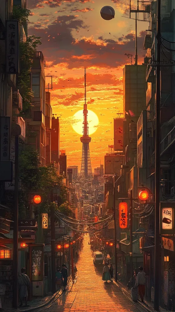 The image depicts a bustling city street in Japan, bathed in the warm glow of a setting sun.  The street is lined with traditional buildings, their wooden facades adorned with hanging lanterns and colorful signs. A tall tower stands in the distance, silhouetted against the fiery sky.  The street is alive with people going about their day, adding a sense of movement and life to the scene.  The image captures a beautiful moment of tranquility and everyday life in the city.