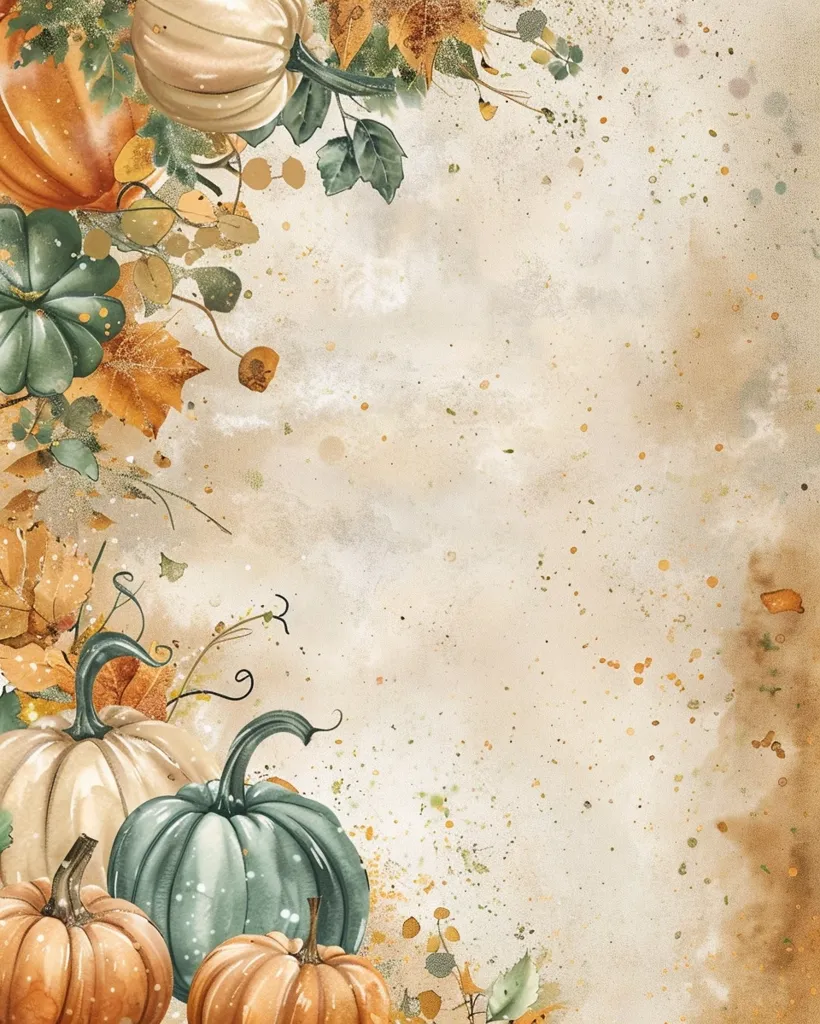 The image is a watercolor painting of pumpkins and fall leaves on a beige background.  The pumpkins are arranged in a corner of the image and are surrounded by leaves and vines. There are various sizes and colors of pumpkins, including orange, white, and green. The background is a soft beige with splashes of gold, brown, and green.