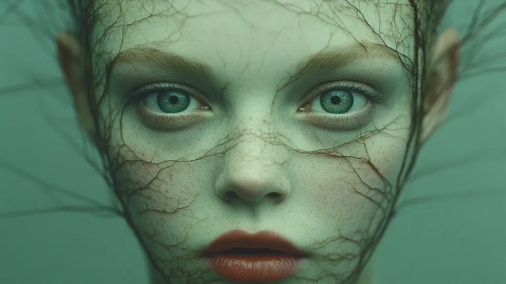 A close-up portrait of a young woman with green eyes. Her face is covered in a network of fine, delicate branches, giving the appearance of a forest growing over her skin. The image is set against a muted green background, creating a surreal and unsettling atmosphere.  The woman's expression is neutral, her eyes wide open, adding to the sense of mystery and intrigue.  The image could be interpreted as a representation of nature's power over humanity or the fragility of life.
