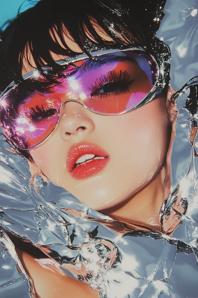 A woman with dark hair and bright pink sunglasses stares intently at the camera. Her lips are painted a vibrant red, and her skin is dewy and glowing. She is partially covered in crumpled silver foil, creating a futuristic and glamorous feel. The lighting is dramatic and highlights the woman's features, making her appear both alluring and mysterious.