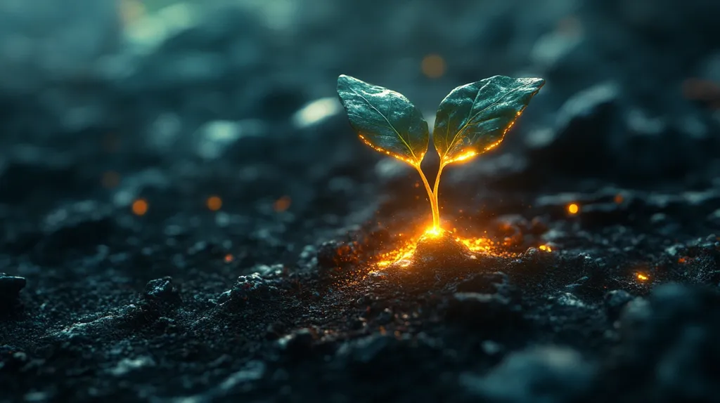 A single, vibrant green plant with two leaves emerges from the dark, ashy soil. It is surrounded by a glowing, golden light, making it seem almost ethereal. The image is a powerful metaphor for hope and resilience, symbolizing life finding a way even in the face of adversity.