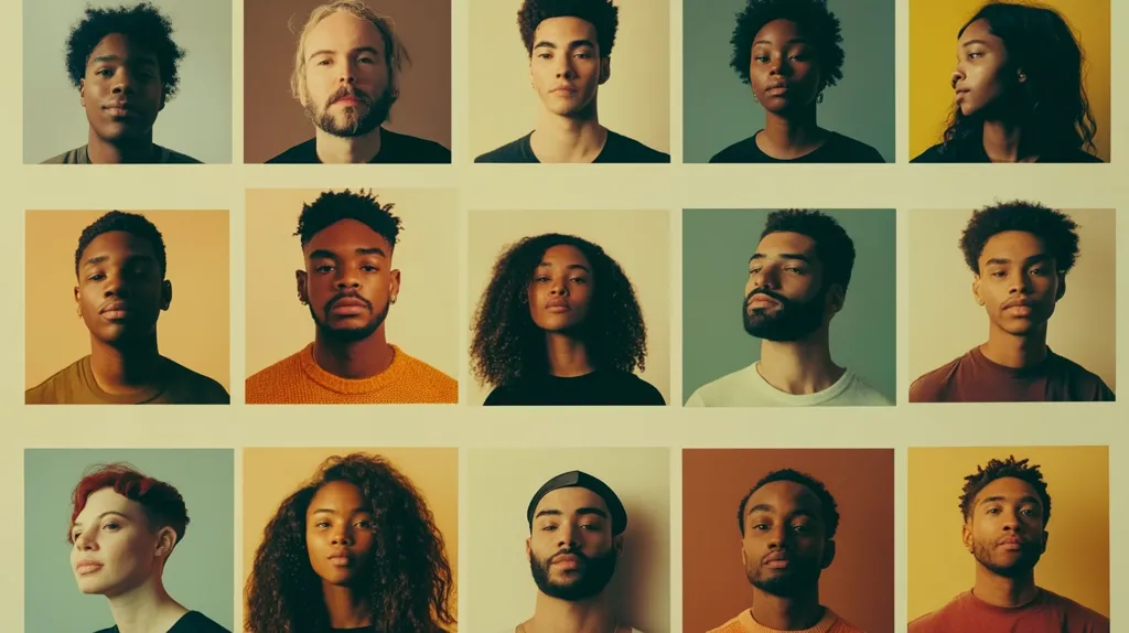 The image shows 16 portraits of young people. They are all diverse in race and gender, and their expressions range from neutral to contemplative. The images are arranged in a grid, and each portrait is framed with a light yellow border. The overall tone of the image is subtle and contemplative.