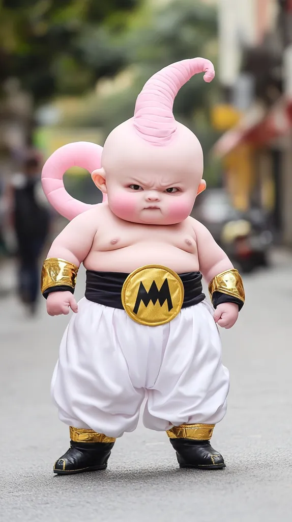 A baby in a pink wig and white gi with a black belt and a gold "M" on it looks angry. The baby is wearing black shoes with gold trim and has a serious expression. The baby is standing on a concrete surface. The background is blurry. The photo is taken from a low angle.