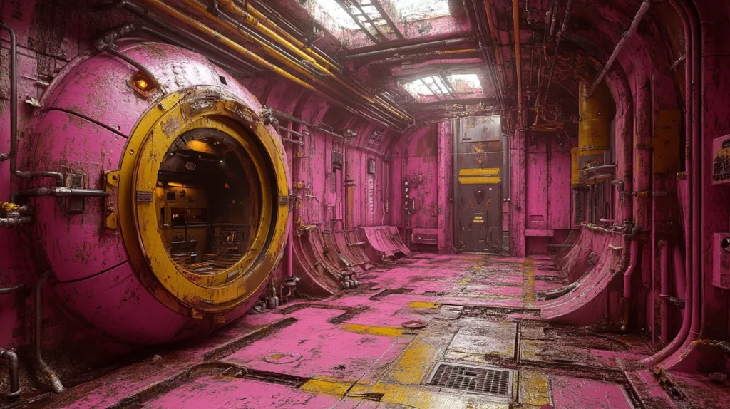 The image shows a futuristic, pink-colored corridor with a large, circular door on the left. The walls are lined with pipes and other industrial features, giving the impression of a derelict spaceship or space station. The floor is covered in a pink, dusty substance, and the lighting is dim and atmospheric. The scene has a sense of mystery and intrigue, suggesting a story waiting to be unfolded.