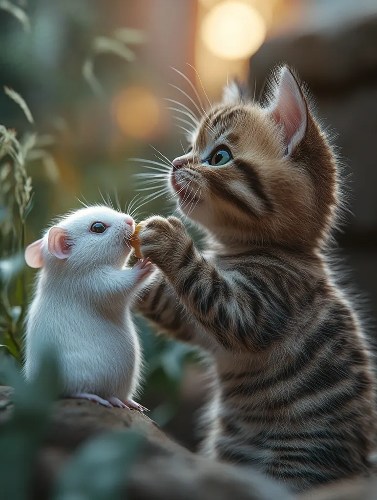 A small white rat stands on its hind legs, reaching up to a tabby kitten. The kitten is seated on its haunches, with its front paws raised as if reaching out to the rat. They appear to be sharing a piece of food, creating a heartwarming image of unlikely friendship. The soft focus background emphasizes the intimacy of the moment, suggesting a playful interaction between the two animals.