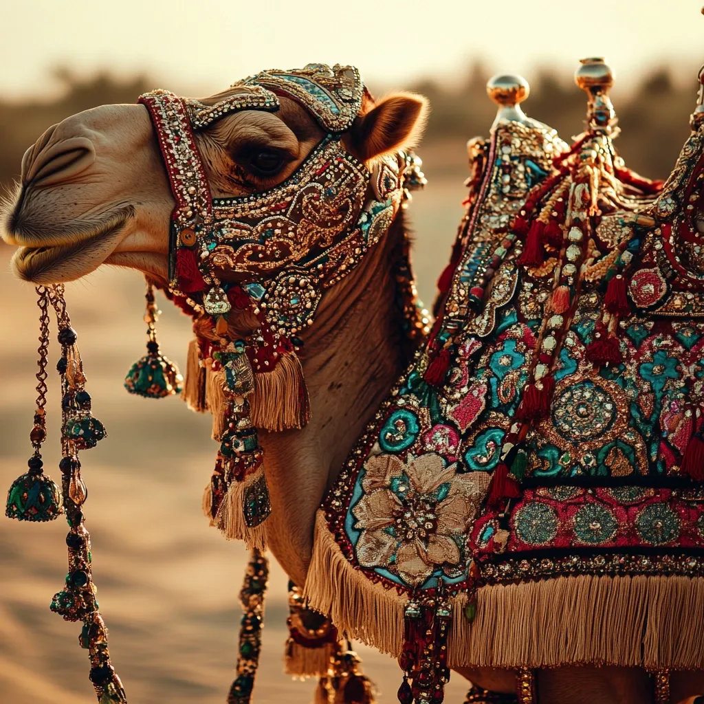 A camel adorned with intricate, colorful embellishments stands against a backdrop of sand dunes. The camel's head is turned to the side, showcasing its decorated bridle and the elaborate embroidery covering its back. The vibrant hues of turquoise, crimson, gold, and silver create a stunning visual spectacle. The camel's soft brown fur peeks through the intricate details, adding a touch of natural beauty.  The scene is evocative of a traditional cultural event or a celebration of heritage.