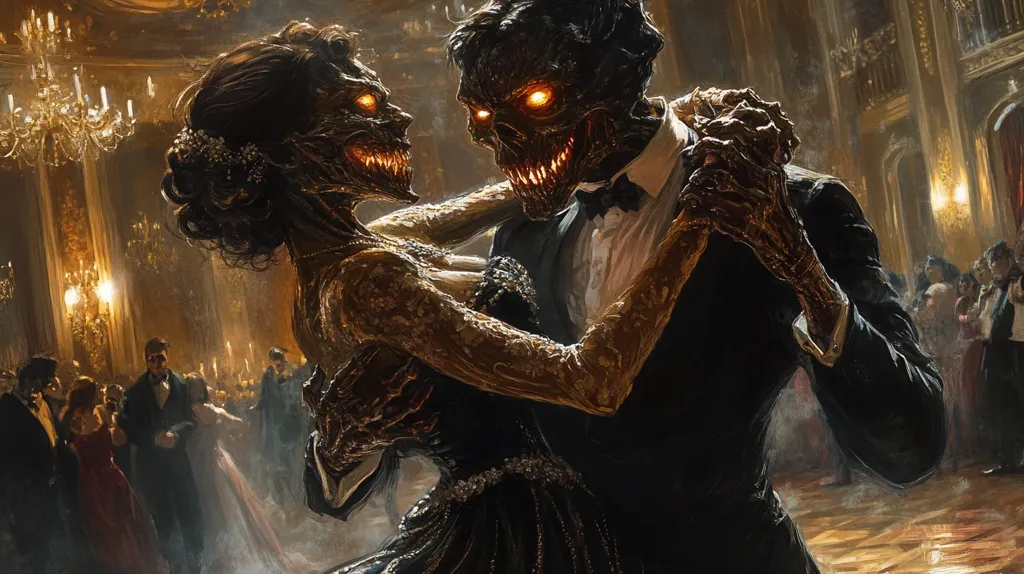 Two skeletal figures, a man and a woman, are dancing in a grand ballroom. The woman wears a black gown and the man is in a tuxedo. The dance floor is crowded with other guests, but the skeletal couple stands out in the dimly lit room.  Their glowing eyes and skeletal features create an unsettling and eerie atmosphere.  The image is a dark and fantastical interpretation of a traditional ballroom scene.