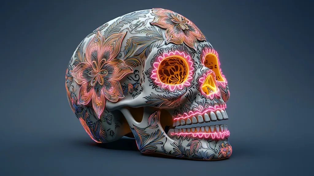 The image shows a white skull decorated with intricate floral patterns in black, pink, and yellow. The skull's eyes and teeth are outlined in glowing pink and orange. The skull is set against a plain gray background, creating a stark contrast. The image evokes a sense of both beauty and mortality.