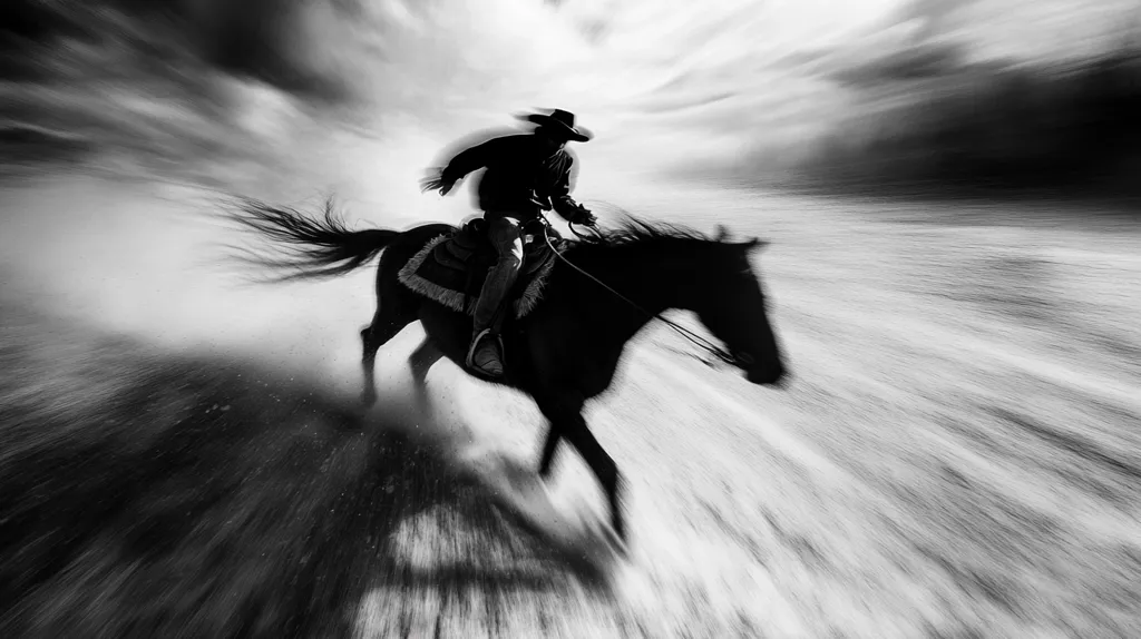A black and white photo of a cowboy riding a horse. The photo is taken with a motion blur effect, making the horse and the cowboy appear to be moving very fast. The background is a blurred out landscape. The overall image is dramatic and evocative of the Wild West.