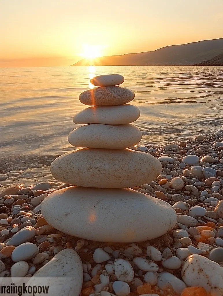 A carefully balanced stack of six smooth, white stones sits on a pebbled beach. The sun sets in the distance, casting a golden glow on the water and the stones. The scene evokes a sense of peace and tranquility.