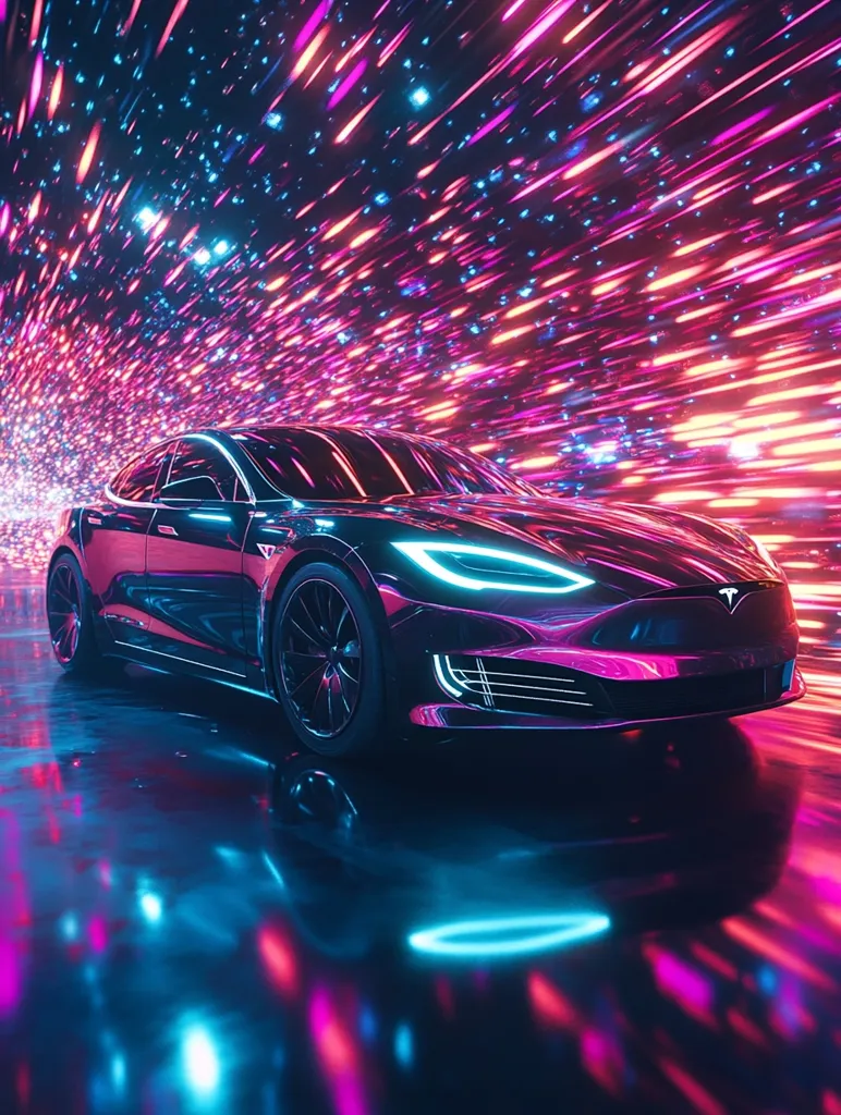 A sleek, black Tesla Model S is driving through a tunnel of vibrant pink and blue lights. The car's shiny exterior reflects the surrounding neon glow. The lights blur into streaks, creating a sense of speed and motion. The image captures a futuristic and dynamic scene.