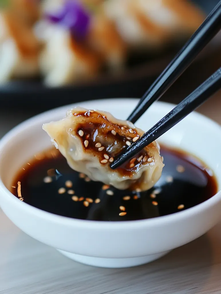 A single, steamed dumpling, glistening with a light coating of sesame seeds, is being carefully lifted from a small white bowl of dark soy sauce with chopsticks. The dumpling has a slightly browned, crispy edge, and the sauce is dotted with sesame seeds. The background is blurred, suggesting a plate of other dumplings and possibly a few other culinary accoutrements.  The overall impression is of a savory and delicious dish.