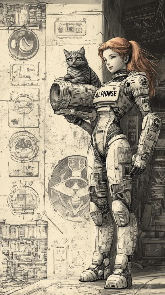The image depicts a woman in a futuristic, heavily armored suit, holding a large gun, standing in a dilapidated, industrial setting. She has red hair and a determined expression. A small, gray cat sits atop the gun, looking curiously at the viewer. The background features a complex, detailed design, likely representing technical schematics or blueprints. The overall tone of the image is gritty and cyberpunk-inspired.