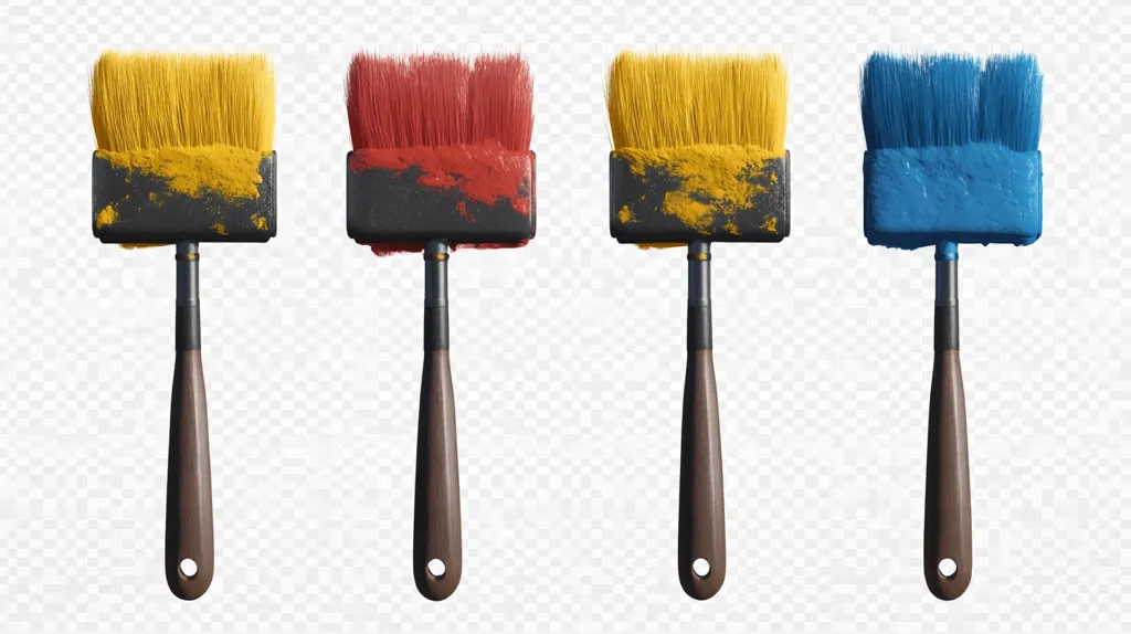 Four paintbrushes are lined up horizontally, each painted with a different color. The colors, from left to right, are yellow, red, yellow, and blue. The brushes are all black with wooden handles, and they appear to be new and unused. The background is a transparent checkered pattern.