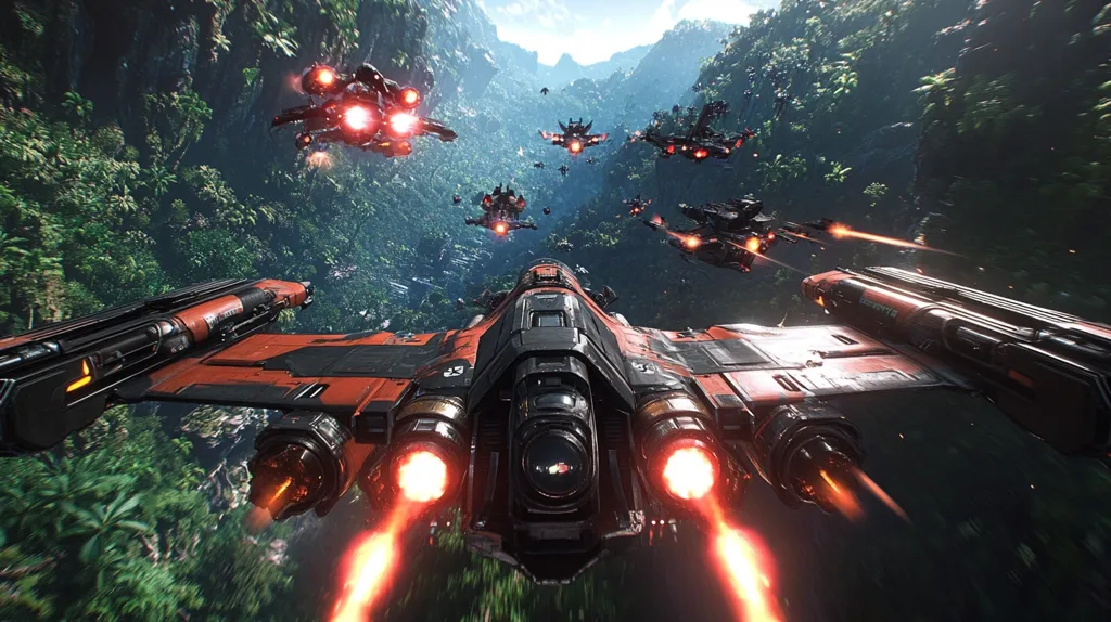 A sleek, black and orange spaceship with glowing red engines flies through a jungle canyon. Other spaceships can be seen in the background, also flying through the lush, green foliage. The scene is a dynamic and exciting one, suggesting a high-speed chase or dogfight.