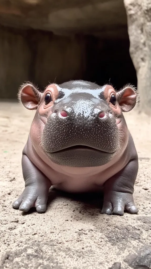 A baby hippopotamus sits on the ground, looking directly at the camera. Its large, dark eyes stare curiously, and its small mouth is slightly open in a gentle smile.  Its gray skin is smooth and wet, and its stubby legs are curled underneath it. The background is blurry, highlighting the hippo's cuteness.