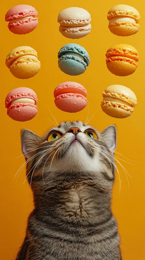 A grey tabby cat stares up at a row of colorful macarons, its eyes wide with curiosity. The macarons are arranged in a symmetrical pattern against a bright yellow background, creating a playful and whimsical scene. The cat's expression suggests both wonder and longing, as if contemplating the delicious treats.  The overall composition is vibrant and cheerful, capturing a moment of  feline fascination.