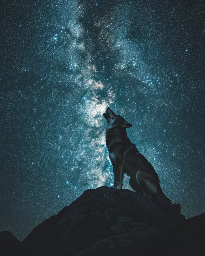 A wolf stands on a rocky outcrop under a vast starry night sky. The Milky Way stretches across the sky, appearing as a bright band of light. The wolf looks up at the stars, howling with its mouth open,  its silhouette defined against the bright sky.  The image evokes a sense of wilderness and freedom.