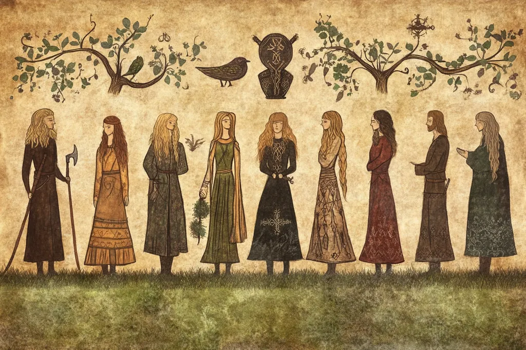 The image is a medieval-style illustration depicting a group of nine figures, including eight women and one man. They are all standing in a line in front of a grassy field, with two trees behind them. The figures are dressed in long, flowing robes and gowns, and some of them are holding objects such as a staff, a sword, and a branch of leaves. The overall style is reminiscent of illuminated manuscripts, with rich colors and intricate details. The image has a mythical and mystical quality, suggesting a sense of magic and wonder.