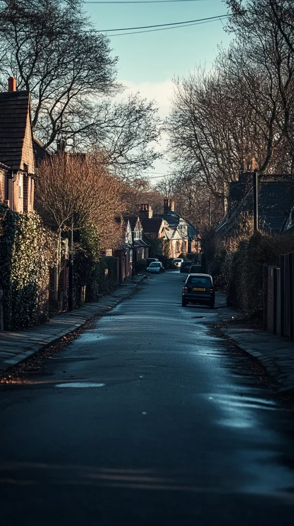 A narrow, paved road winds through a neighborhood lined with traditional brick houses. The houses are mostly obscured by thick, lush greenery and tall trees.  A single car drives down the road, its headlights illuminating the path ahead.  The overcast sky and wet pavement create a moody atmosphere.