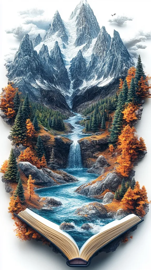 An open book reveals a breathtaking scene of a mountain range with snow-capped peaks and a winding river cascading down to a waterfall. The image is framed by lush green and autumnal trees, creating a sense of depth and wonder. The book acts as a portal to this imaginary world, inviting the viewer to embark on a journey of discovery.