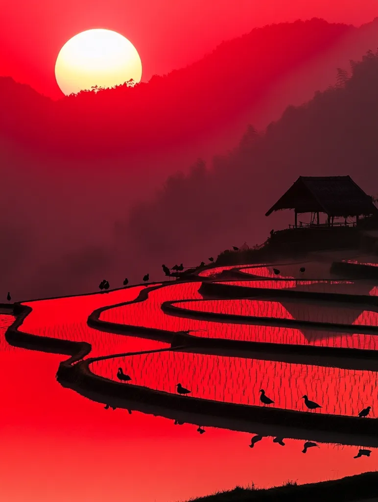 A vibrant red sunset illuminates a landscape of terraced rice paddies, reflecting the sky in shimmering water. The sun, a large white orb, hangs above the horizon, casting long shadows on the surrounding hills. A solitary hut stands on a hilltop, offering a peaceful retreat in this serene scene. Silhouettes of birds dot the paddies, adding a touch of life to the tranquil setting.