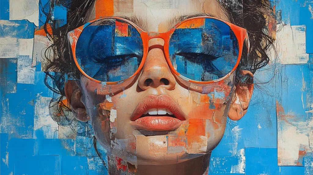 The painting is a close-up portrait of a woman with long dark hair wearing orange sunglasses with blue lenses. Her face is painted in a fragmented style with blocks of color and texture. Her eyes are closed and her mouth is slightly open, suggesting she is relaxed and enjoying the moment. The background is a mix of blue and white, creating a sense of calm and tranquility. The painting is a study in color and texture, capturing a sense of both realism and abstraction.