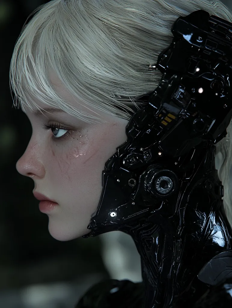 A close-up of a woman with long, platinum blonde hair. She is wearing a futuristic black suit that covers most of her face, leaving only her delicate features and a hint of her right eye visible. The suit appears to be made of metal and has intricate details and markings, giving it a sleek and robotic aesthetic. The image creates a sense of mystery and intrigue, hinting at a cyborg or a technologically advanced being.