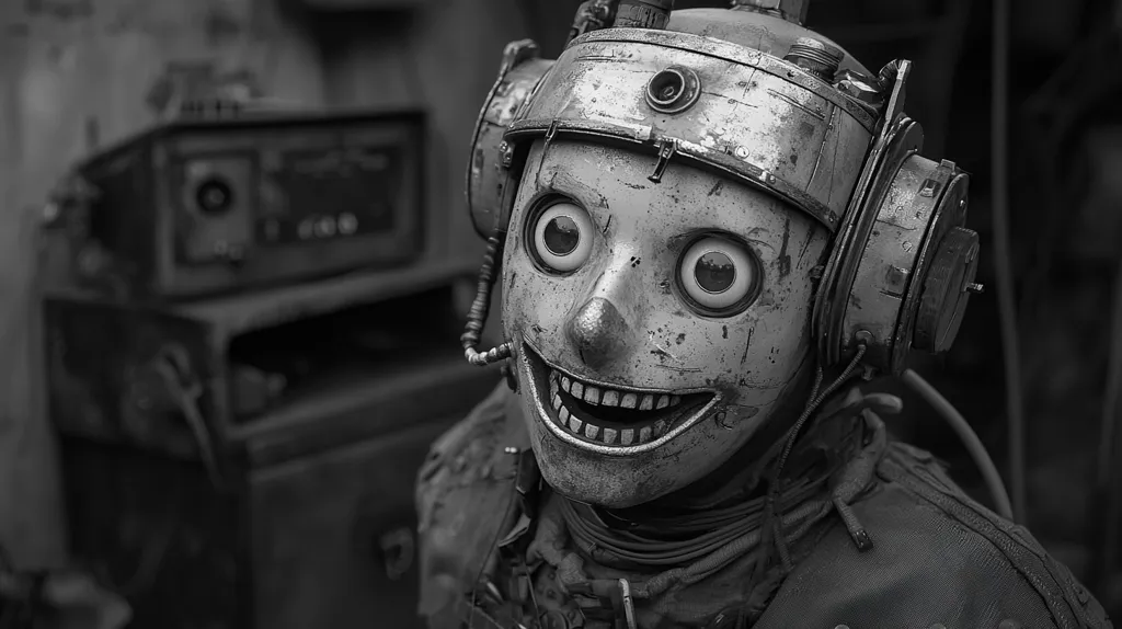 A black and white image of a robotic character with a large, wide smile, looking slightly off to the side. It has large eyes with prominent pupils, a metallic head, and is wearing headphones with wires running down the front of its body. The character looks unsettlingly cheerful.  The background is blurry and out of focus.
