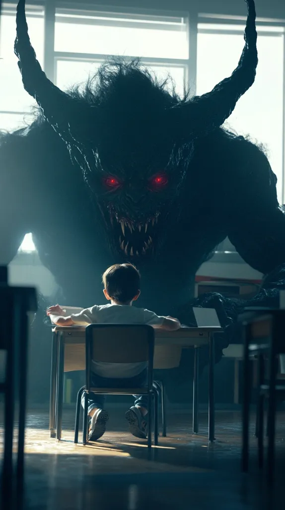 A young boy sits at a desk in a classroom, staring straight ahead. He is alone in the classroom, save for a monstrous, demonic creature lurking in the shadows behind him. The creature has glowing red eyes and a menacing grin, while the boy looks oblivious to the looming danger. The scene is ominous and suggestive of fear and suspense.
