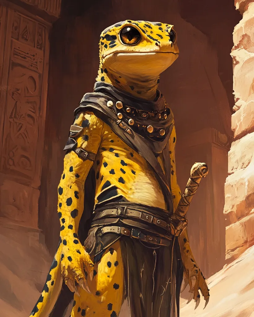 A yellow and black, humanoid lizard with large, dark eyes stands in a desert-like setting. It is wearing a brown and black leather outfit with multiple belts and a necklace.  The lizard holds a sword in its right hand and appears to be looking out over the sand dunes. The lizard's skin has a pattern of dark, black spots, and the background features stone pillars with ancient symbols. The light is warm, casting shadows on the sand.