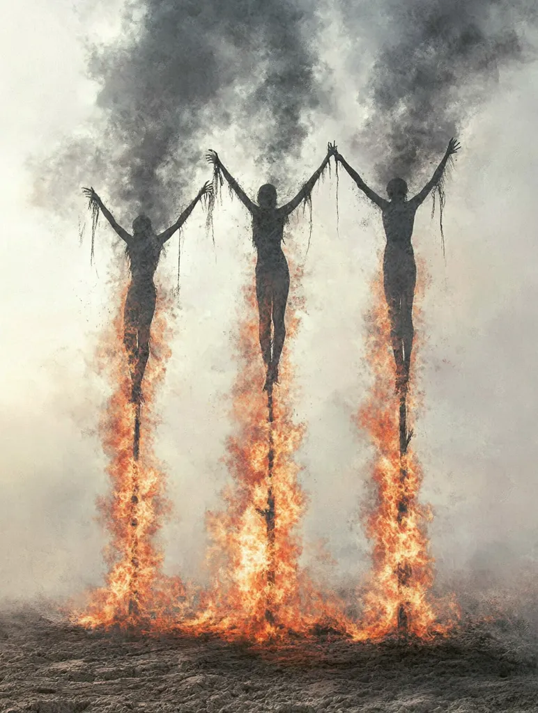 The image depicts three figures standing on stakes engulfed in flames, reaching their arms upwards. The figures are silhouetted against a hazy sky with smoke rising from the flames. The scene is ominous and suggestive of sacrifice or ritualistic violence. The flames are intense and licking upwards, highlighting the figures' suffering. The image is painted in a watercolor style, creating a sense of dreamlike unreality.