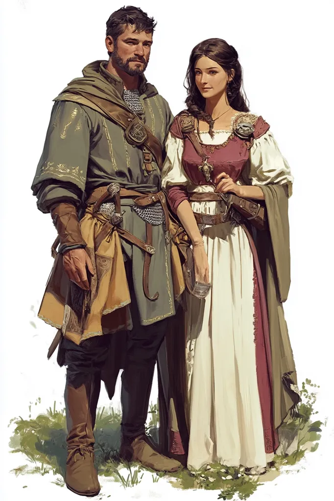 A man and a woman stand together in a field, dressed in medieval clothing. The man wears a green tunic with brown leather and a chain mail shirt underneath. His beard is thick and dark. The woman is dressed in a white gown with a red bodice and brown belt. Her dark hair is long and styled. Both wear intricate jewelry and hold items in their hands. The setting suggests a fantasy or historical setting.