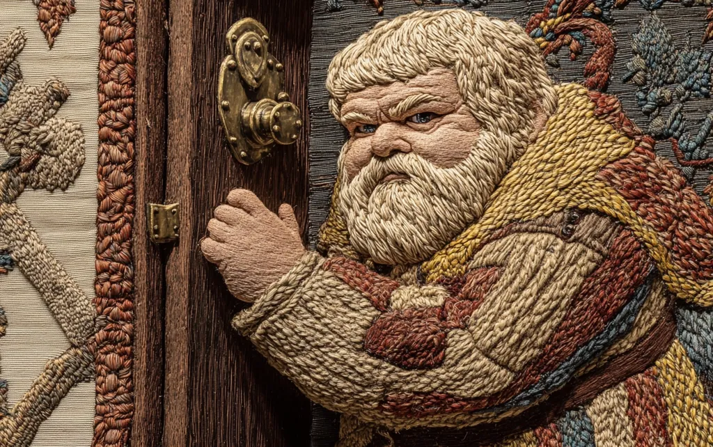 The image is a close-up of a meticulously crafted embroidery depicting a man with a long white beard and a worried expression. He is reaching out with one hand toward a closed wooden door. His clothing and the door are intricately embroidered with various threads, showcasing a remarkable level of detail and artistry. The image evokes a sense of mystery and anticipation, inviting the viewer to wonder about the man's story and the reason for his urgency.