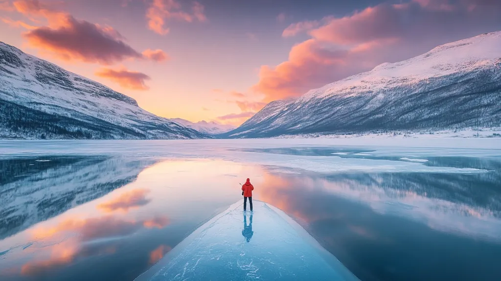 A lone figure stands on a frozen lake in a mountain valley, silhouetted against the backdrop of a stunning pink and orange sunset. The mountains rise on either side, snow-capped and majestic, reflected perfectly in the still water. The sky is ablaze with color, casting a warm glow over the scene. The ice on the lake is cracked and broken, forming a unique and beautiful pattern.