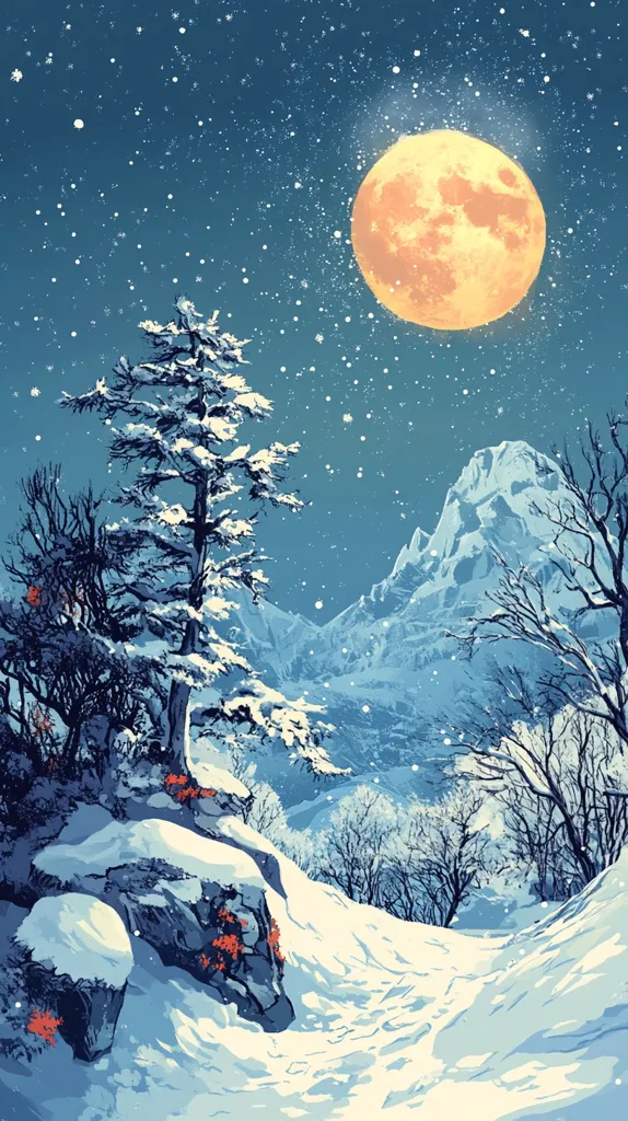 The image depicts a snowy mountain landscape under a starry night sky. A large, full moon illuminates the scene, casting a soft, golden glow on the snow-covered ground.  A lone pine tree stands tall against the backdrop of the towering mountain, while other trees are silhouetted in the distance. Red flowers bloom near the base of the mountain, adding a splash of color to the otherwise white landscape.  The image evokes a sense of peace and tranquility.