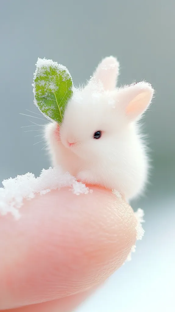A tiny white bunny rabbit sits on a finger, its fluffy white fur contrasting with the green leaf it holds in its tiny paws. The rabbit has big, dark eyes and a sweet, innocent expression. The background is a soft blur of white, suggesting a snowy or wintery scene. The image captures the cuteness and fragility of a baby bunny.