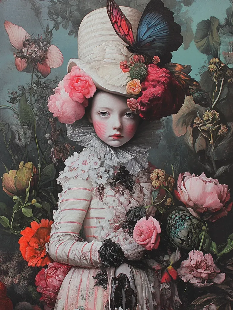 An oil painting in the style of Rene Magritte featuring a young Victorian woman wearing a white and pale pink geometric stripe dress and hat, standing in a multi colour botanical garden, with dark academia decor, dark cottagecore, moody aesthetic, magic realism, dark earthy tones, charcoal grey --chaos 10 --ar 3:4 --personalize efzwrbr --stylize 500 --v 6.1