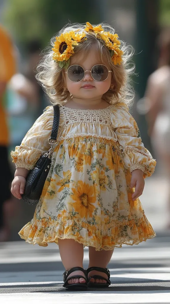 A young girl with blonde curls wears a yellow floral dress and a sunflower headband. She is wearing round sunglasses and holding a black purse. The girl is standing on a crosswalk with her sandals on.  She is looking at the camera with a serious expression. The image is taken from a low angle.