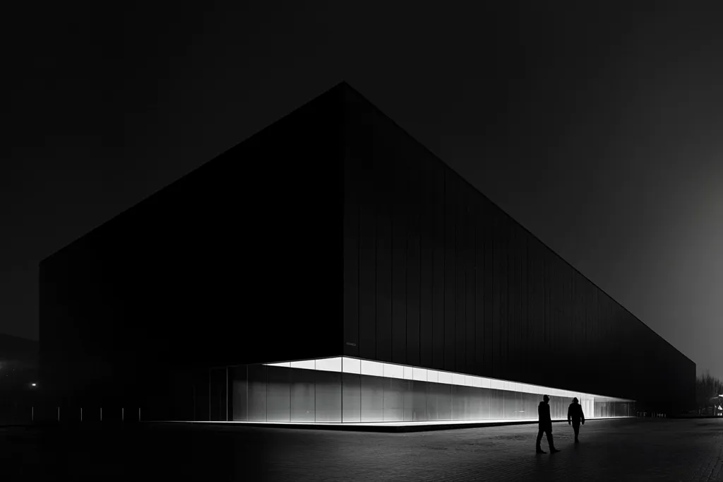 A large, dark building with a strip of light at the bottom.  Two people are silhouetted walking in front of it.  The building is a rectangular shape and the surrounding ground is dark.  The sky is also dark, with a few faint lights in the distance.  The image is in black and white, creating a sense of mystery and intrigue.