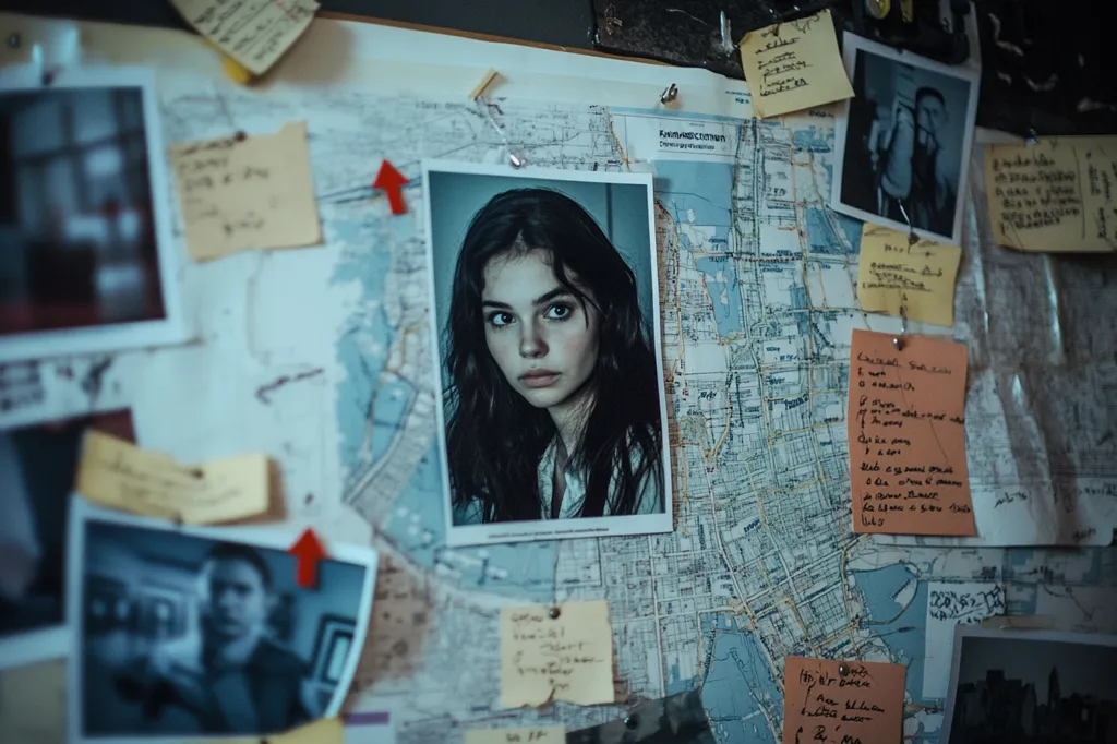 A corkboard covered in various photos and notes, including a large map of a city. A woman's headshot is pinned prominently to the board, and her eyes seem to follow the viewer. The overall tone of the scene is mysterious and investigative. The image evokes a sense of searching for clues and uncovering a hidden truth.