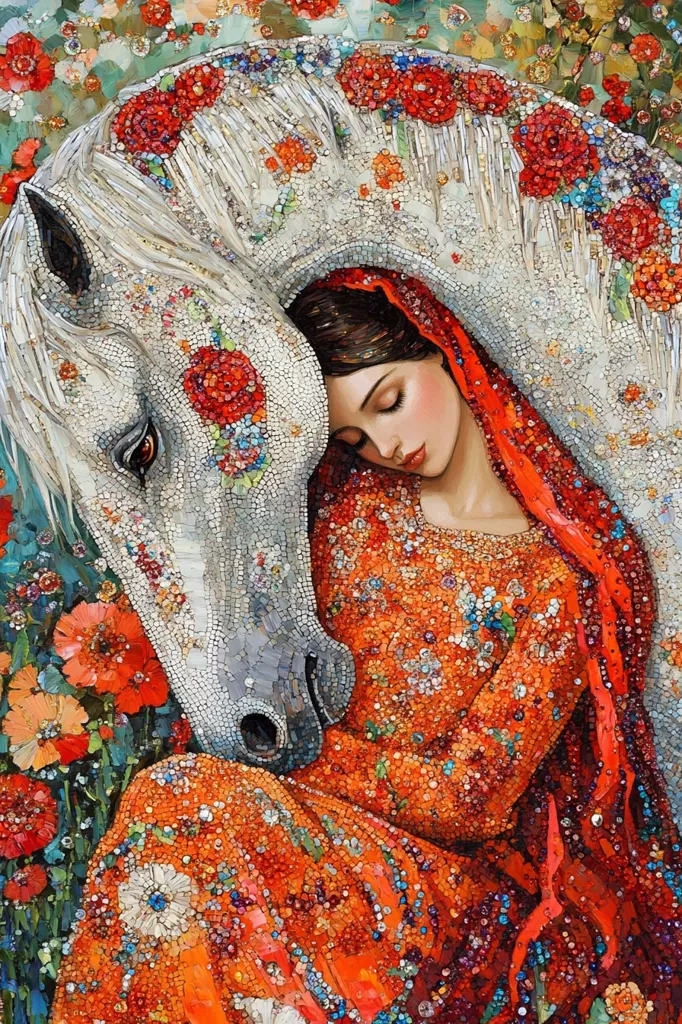 The painting depicts a woman in a red dress and a white horse with floral patterns, seemingly resting together amidst a vibrant garden. The woman has her eyes closed and the horse's head is resting on her. The artwork is created in a mosaic style, with small, colorful pieces forming the image. The overall feeling is one of peace and tranquility.