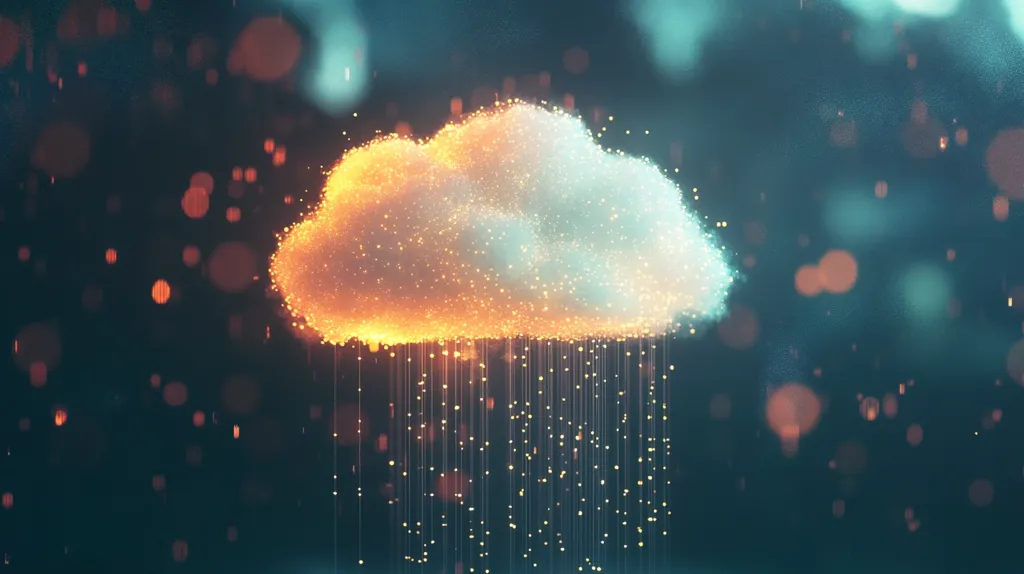The image depicts a stylized cloud composed of glowing particles, with a vibrant orange and white color scheme. The cloud is depicted as a source of data, with numerous luminous strands emanating from its underside. The background is a blurry, blue-green expanse with scattered bokeh lights. The image suggests a futuristic, digital representation of cloud computing, where data is stored and accessed remotely. The overall effect is ethereal and abstract, evoking a sense of interconnectedness and the flow of information.