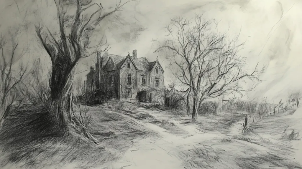 A pencil sketch depicts a rural scene with a two-story house set back from a dirt road.  The house is partially obscured by two large trees, one on the left and one on the right.  The trees are bare, giving the scene a sense of isolation and mystery. The ground is covered in loose, sketchy lines that give it a texture.  The house is drawn with more detail, emphasizing the windows and door.