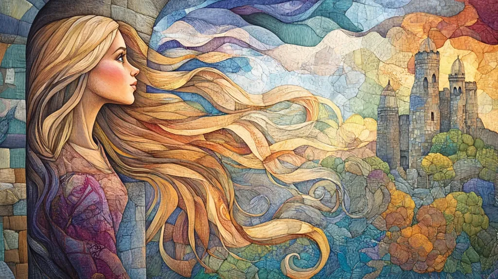 The image is a watercolor painting of a woman with long flowing golden hair, standing in a doorway and gazing out at a castle in the distance. The castle is surrounded by a lush forest, and the sky is painted in shades of blue, purple, and orange. The woman's hair and the castle are depicted in a mosaic style, giving the artwork a dreamlike and whimsical quality.