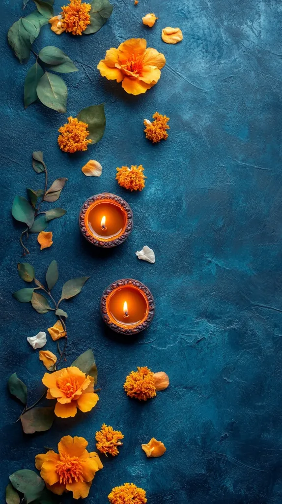The image shows two lit diyas, traditional Indian oil lamps, placed on a vibrant blue background.  Orange marigold flowers and green leaves surround the diyas, creating a festive and celebratory atmosphere.  The image evokes a sense of spirituality, warmth, and cultural celebration.