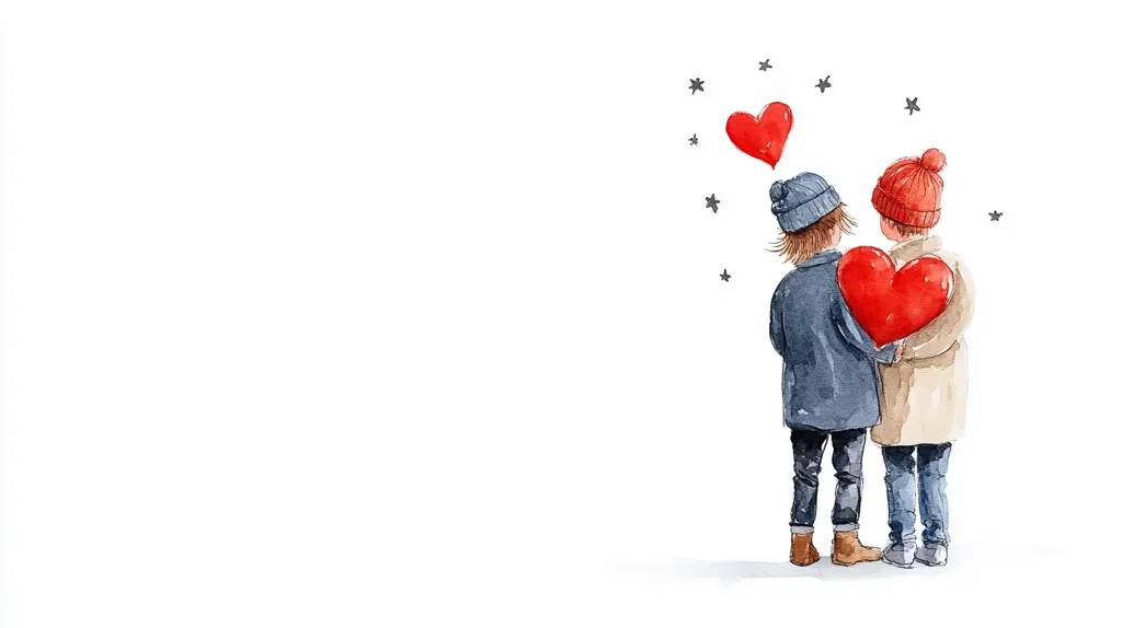 A watercolor painting of two children standing back-to-back holding a large red heart. The children are wearing winter clothes and beanies, and there are small stars scattered around them. The image is set against a white background. The painting conveys a sense of love, friendship, and innocence.