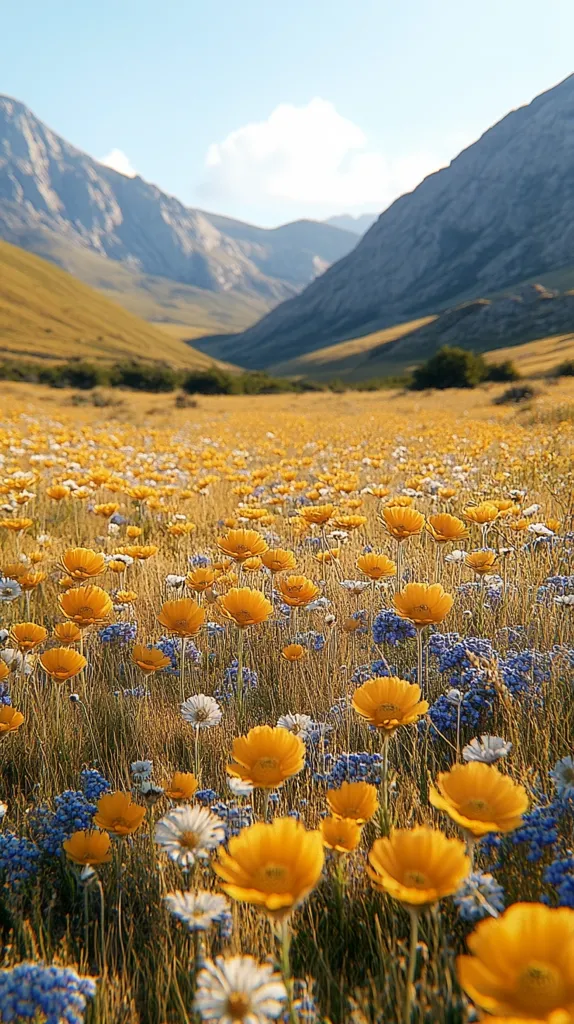 A field of yellow wildflowers blooms in a valley surrounded by mountains. The sun shines brightly, casting a golden glow on the flowers and the grassy landscape. The sky is blue and clear, with a few fluffy clouds.  The mountain range in the background is a mix of brown and grey rock.  The wildflowers are in full bloom, creating a colorful and vibrant scene.  The image captures the beauty and serenity of nature, and evokes a sense of peace and tranquility.